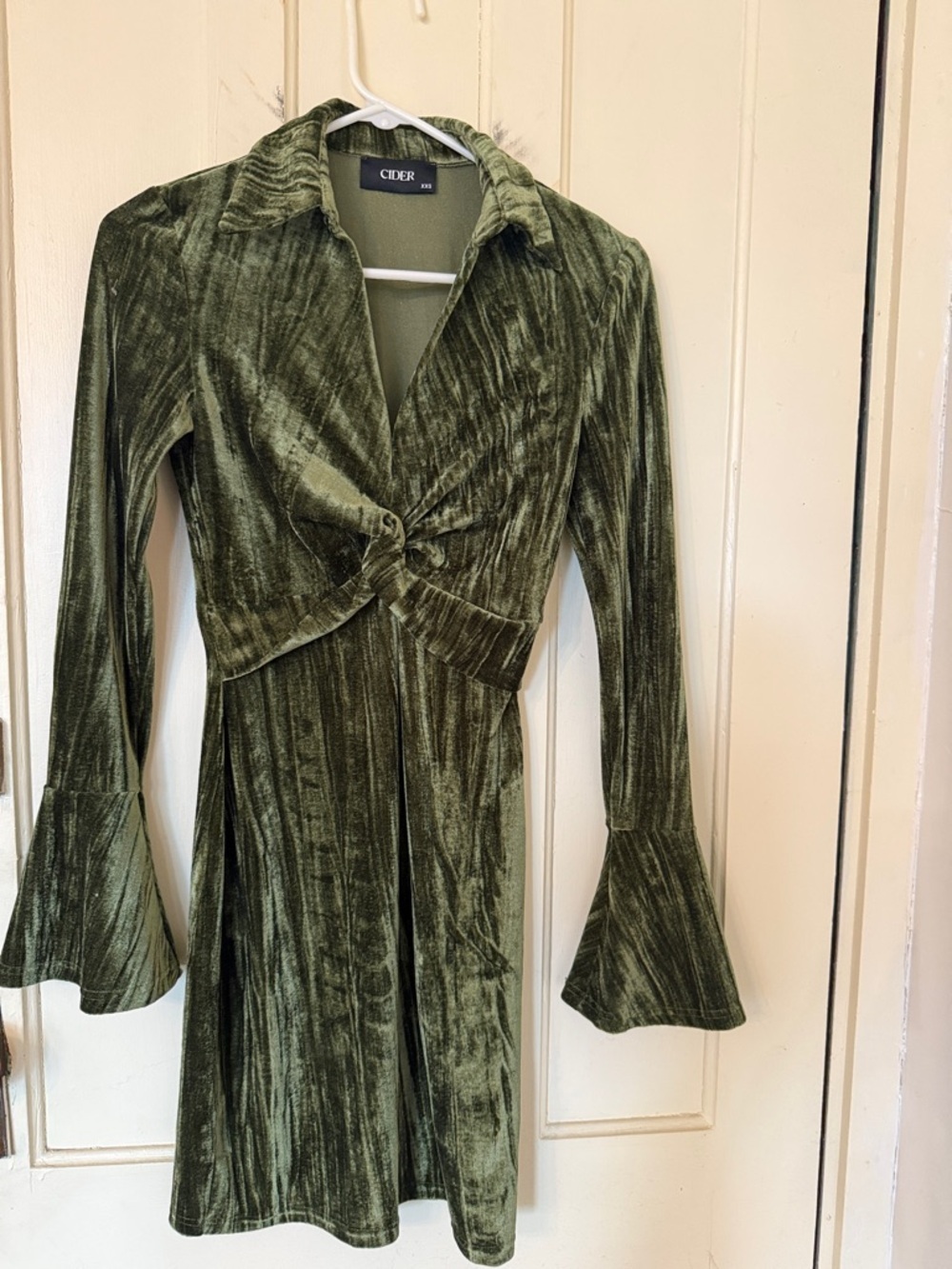 Cider Olive Green Velvet Twist-Front Long Sleeve Dress